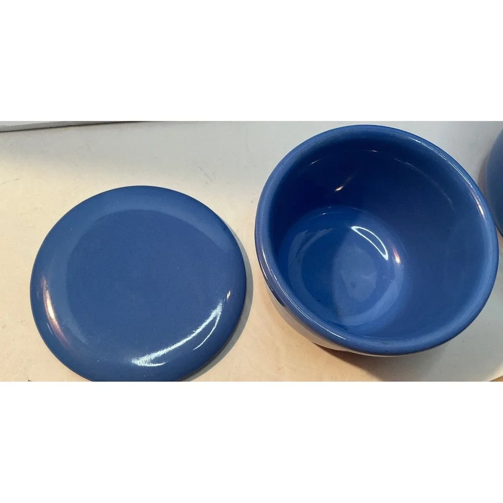 Vintage Blue Ceramic Pitcher and Lidded Bowls Set Kitchenware 3pc